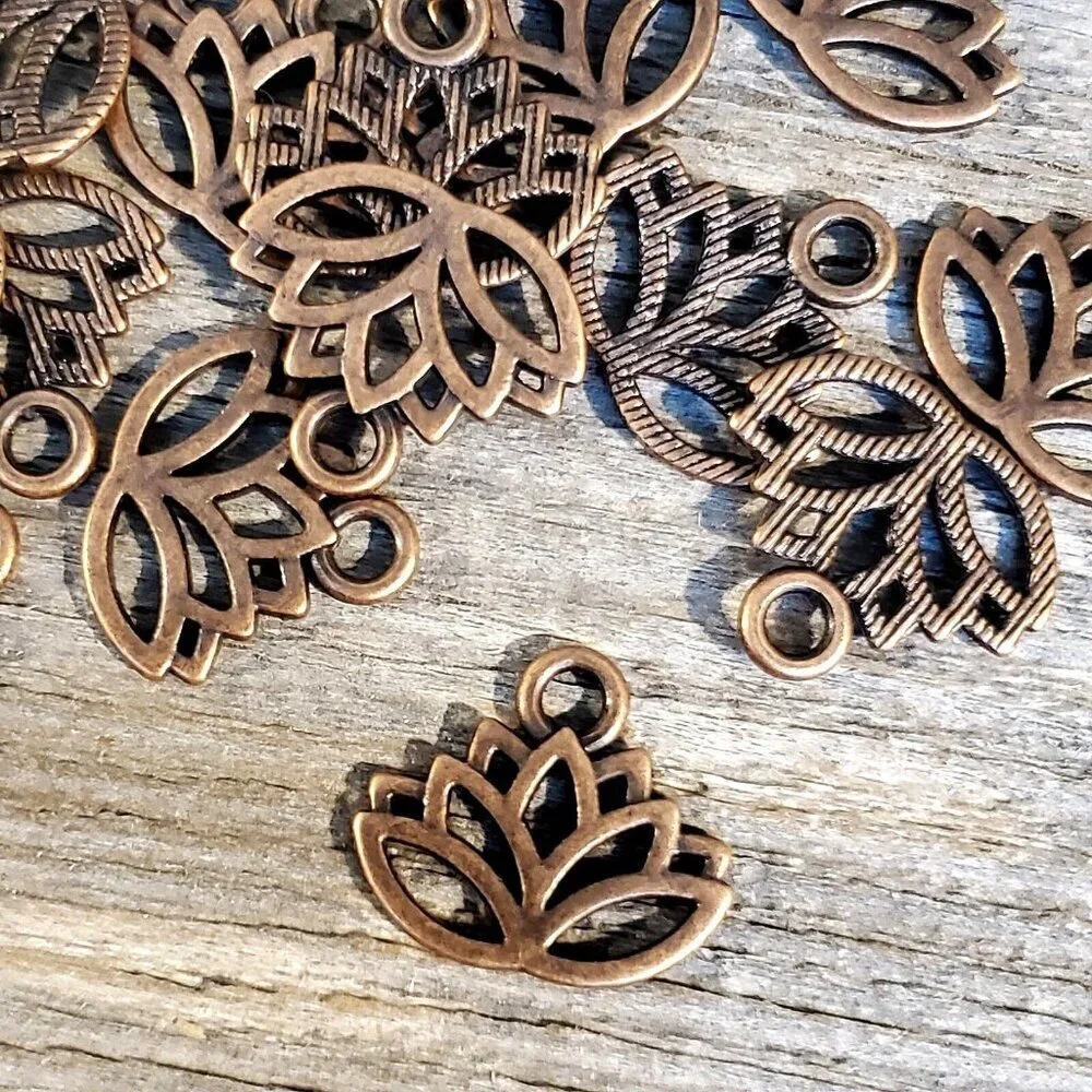 Antique Copper Open Lotus Flower Zen Garden Yoga 15x17mm Charms Pendants 10 pcs